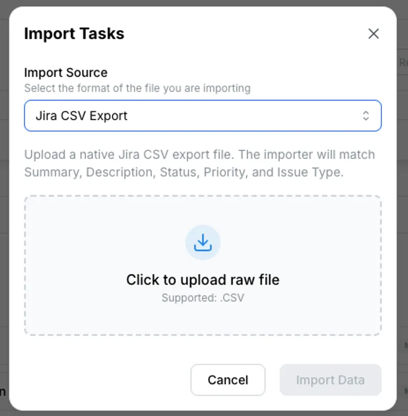 Klority import wizard showing migration from Jira, Trello, GitLab, and Zoho with issues, sprints, and labels mapping.