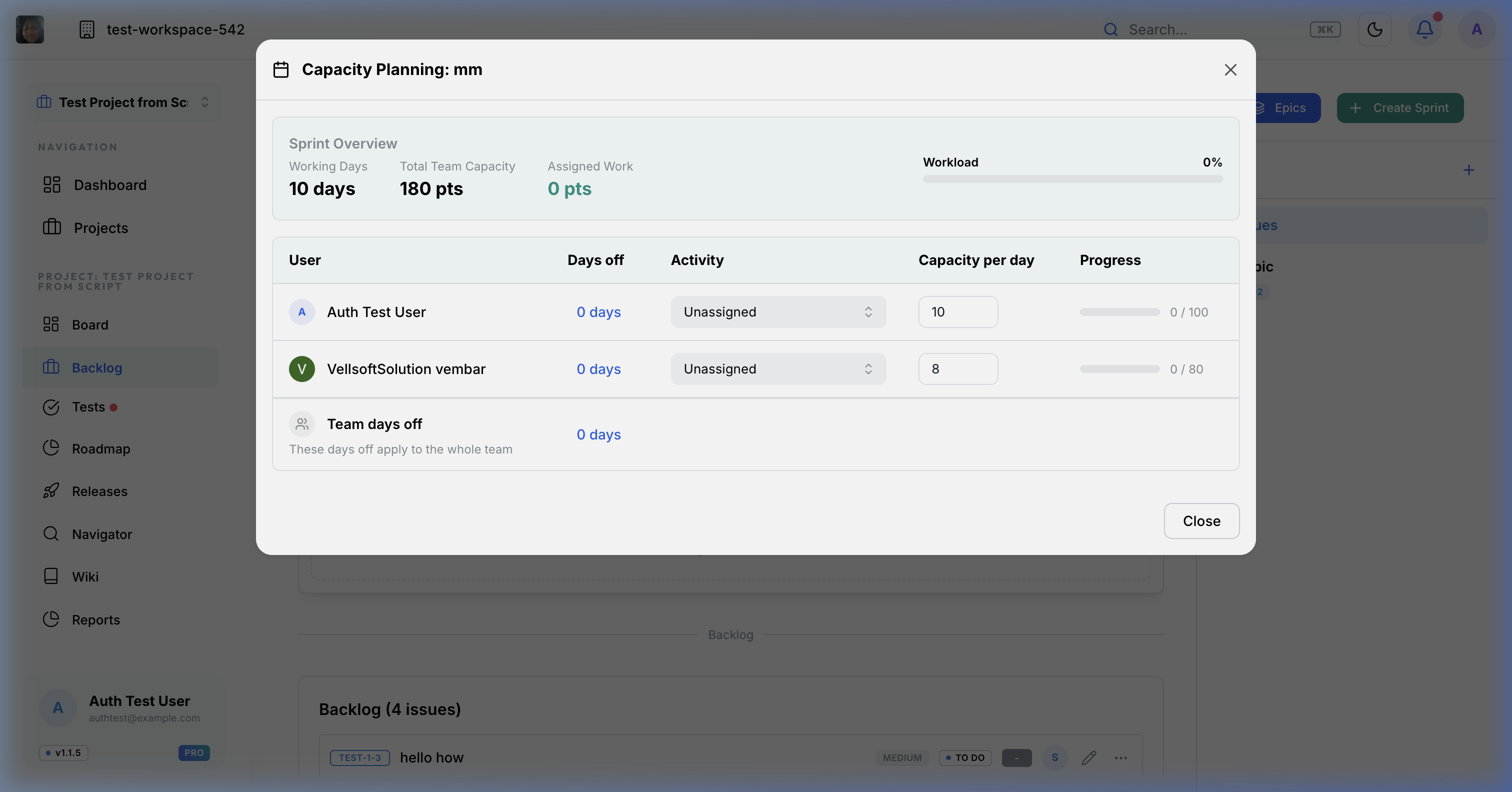 Klority Capacity Planning Interface